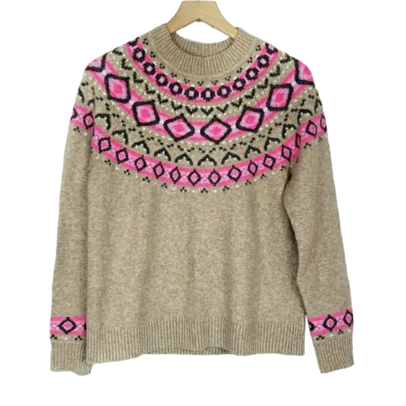Ann Taylor Loft Fair Isle Nortic Beige Hot Pink Crewneck Sweater Sz Medium - Picture 2 of 4